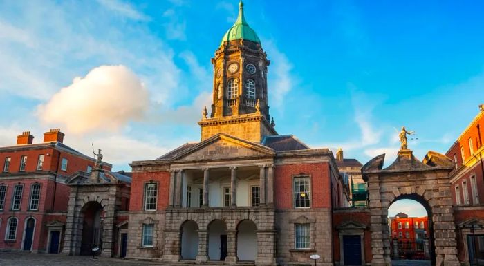 Dublin Castle stands proudly at the center of the city on Dame Street, a historic landmark of great significance.