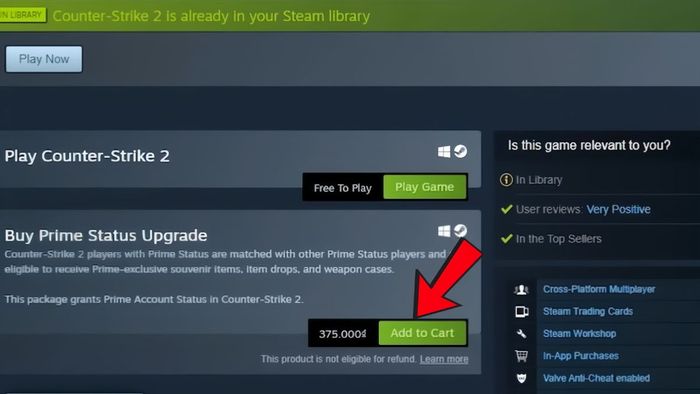 Nâng cấp Counter Strike 2 Prime trên Steam - Bước 2
