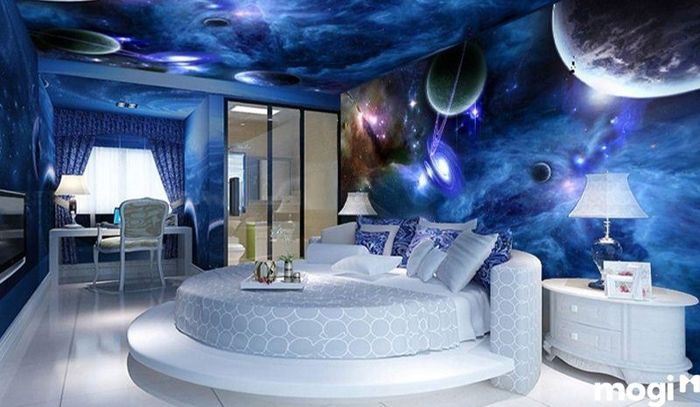 Phòng ngủ cho bé trai với chủ đề vũ trụ đầy huyền bí.