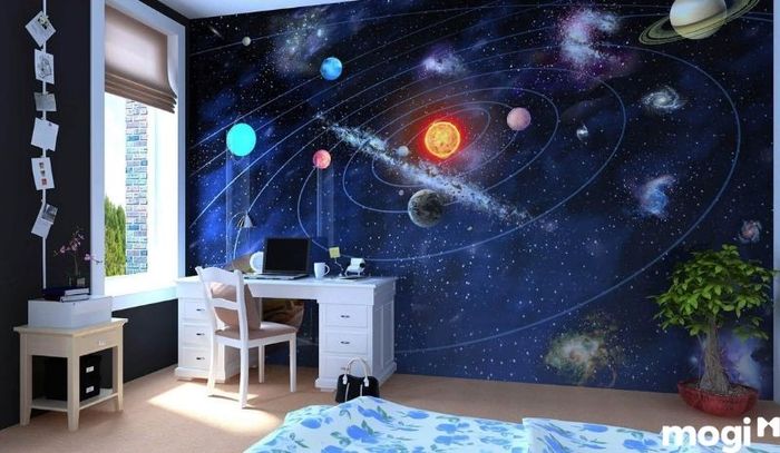 Phòng ngủ bé trai với chủ đề vũ trụ thú vị và đầy cảm hứng.