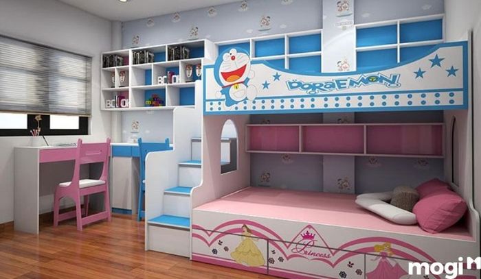 Phòng ngủ chung cho bé trai và bé gái, thiết kế cân bằng giữa các yếu tố cá nhân và sự thoải mái cho cả hai bé.