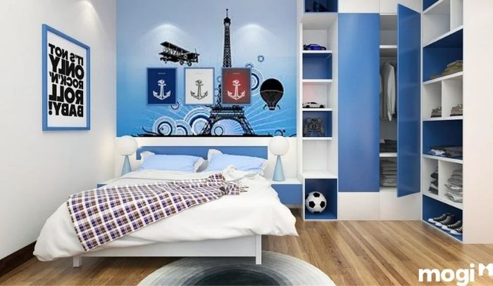 Phòng ngủ bé trai với không gian vui chơi, giúp bé phát triển trí tưởng tượng và sự sáng tạo.