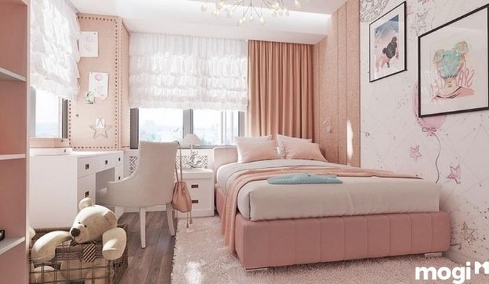 Phòng ngủ bé gái với gam màu trung tính trang nhã