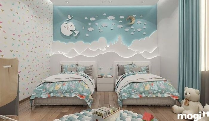 Phòng ngủ bé gái với chủ đề bầu trời đầy mơ mộng và thú vị.