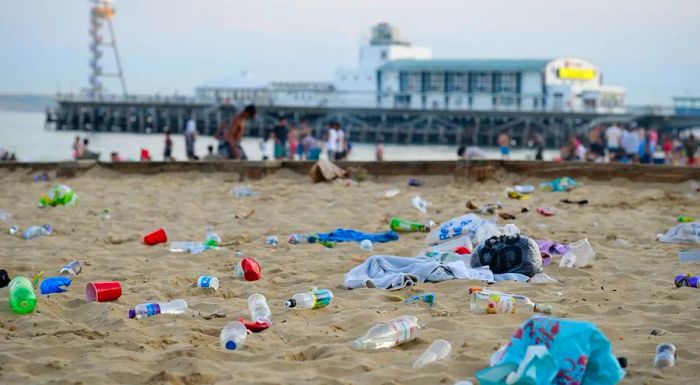 Garbage left on Bournemouth's beach after a busy day.