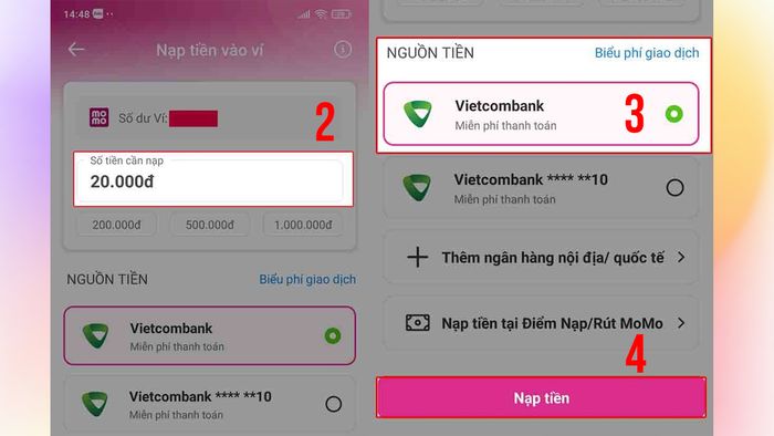 Hướng dẫn chuyển tiền từ Vietcombank sang MoMo trên điện thoại - bước 2