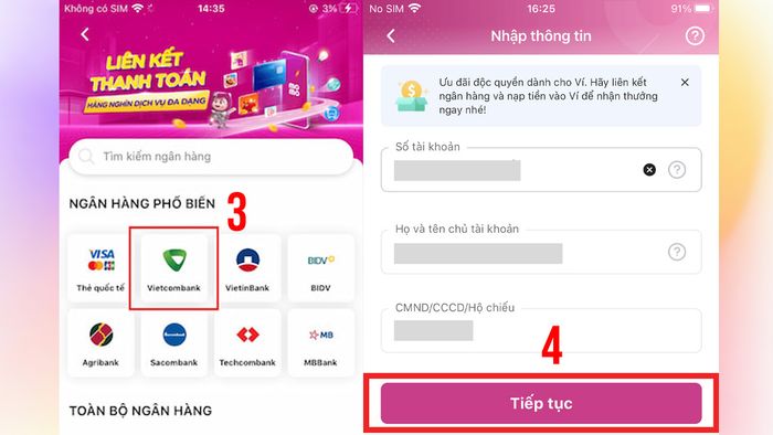 Hướng dẫn liên kết MoMo với tài khoản Vietcombank - bước 2