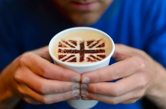 Coffee culture here takes on a patriotic twist, with the Union Flag appearing on the frothy top.