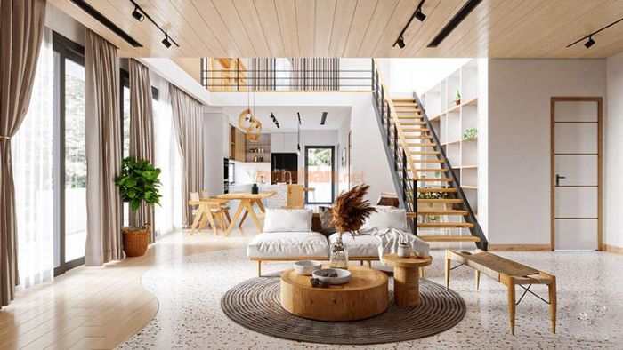 Nhà cấp 4 gác lửng đúc giả có thiết kế mở, giúp không gian trở nên thoáng đãng hơn