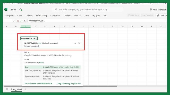 Cú pháp hàm Numbervalue trong Excel