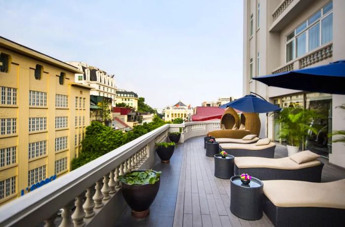 The rooftop terrace at Hotel de l’Opera Hanoi.