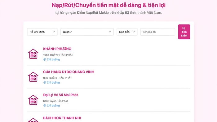 Hướng dẫn tìm điểm nạp/rút MoMo trên website - Bước 2, 3