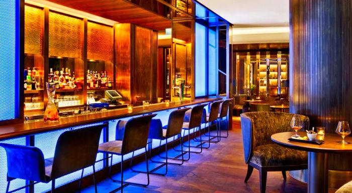 Blue Fox The Bar is located within the Kempinski Hotel in the heart of downtown Budapest, offering a sophisticated ambiance for its guests.