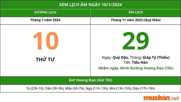 Xem lịch âm ngày 10/1/2024 hôm nay