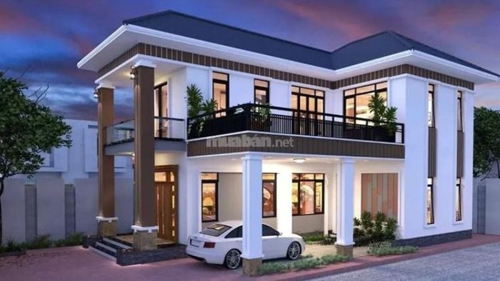 Nhà 2 tầng 1 tum mái tôn kiểu dáng chữ L