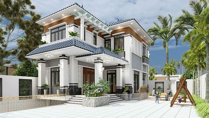 Nhà 2 tầng 1 tum mái tôn thiết kế tân cổ điển