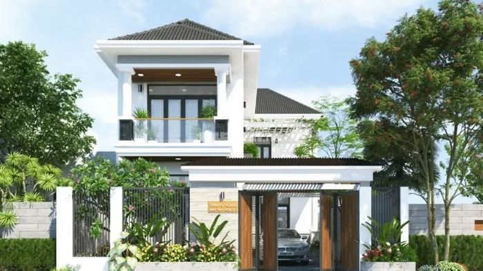 Nhà 2 tầng 1 tum mái tôn với phong cách hiện đại