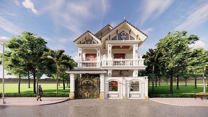 Nhà 2 tầng 1 tum mái tôn với thiết kế tân cổ điển