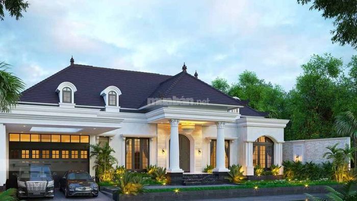 Nhà tân cổ điển kiểu Pháp cao cấp với thiết kế tinh xảo, sử dụng các chi tiết hoa văn, phào chỉ sắc nét, mang lại sự sang trọng và đẳng cấp.