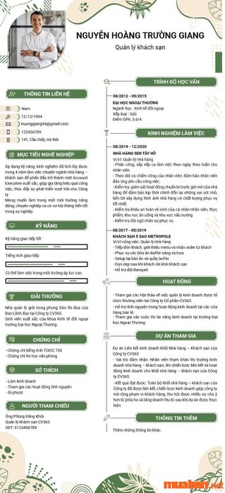 Mẫu 4: CV khách sạn có bố cục hợp lý, dễ hiểu