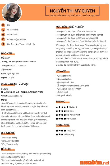 Mẫu 1: CV khách sạn đầy đủ thông tin