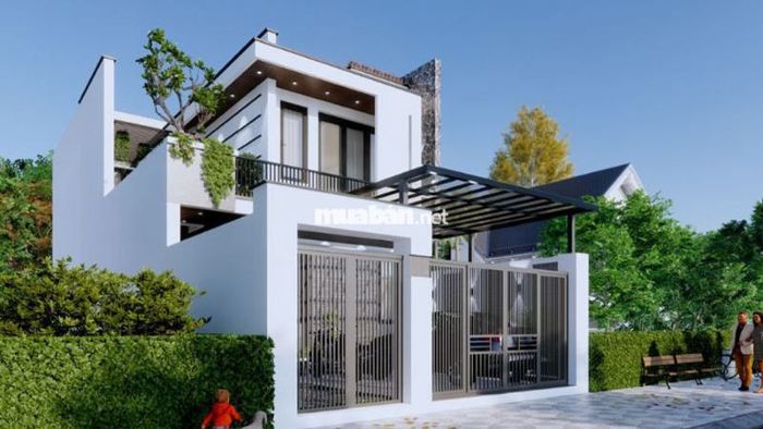 Mặt tiền ngôi nhà 2 tầng với thiết kế mái bằng nổi bật