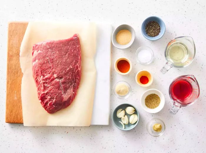 Santa Maria Grilled Tri-Tip Beef ingredients displayed on a white countertop