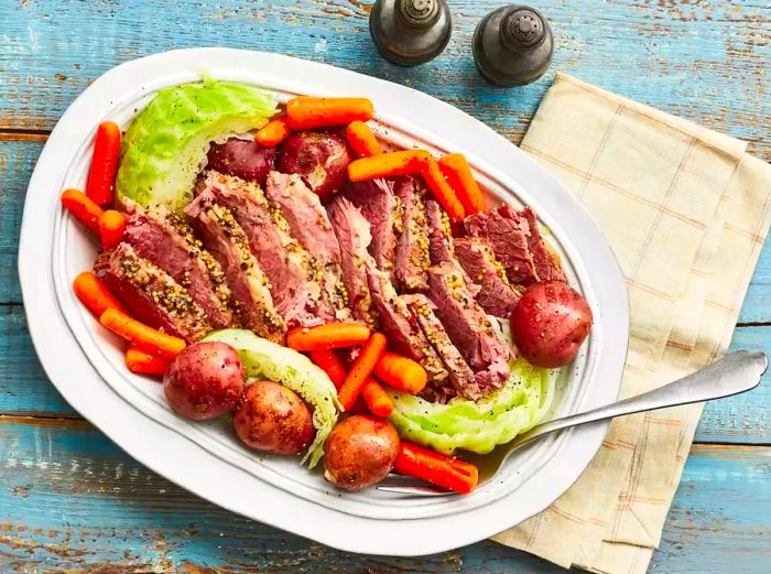 A top-down view of corned beef with cabbage, carrots, and potatoes, elegantly arranged on a platter.