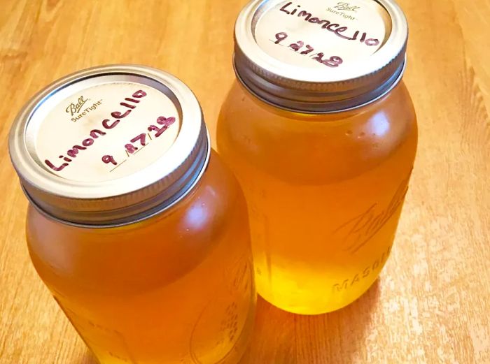 close-up of Limoncello stored in sealed jars