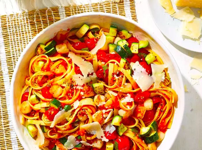 A close-up of a bowl of pasta with scallops, zucchini, and tomatoes, garnished with a generous sprinkle of fresh Parmesan.