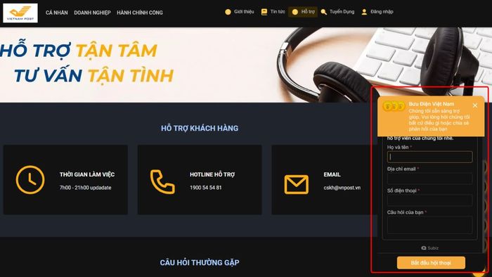 Liên hệ tổng đài bưu điện VNPost qua form liên hệ trên website