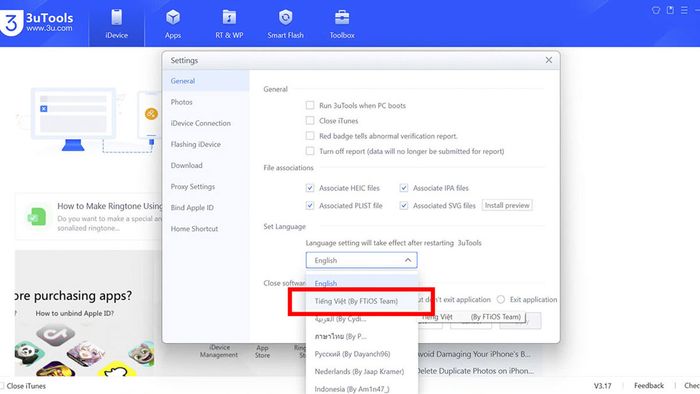 Hướng dẫn chuyển giao diện sang tiếng Việt trên 3uTools