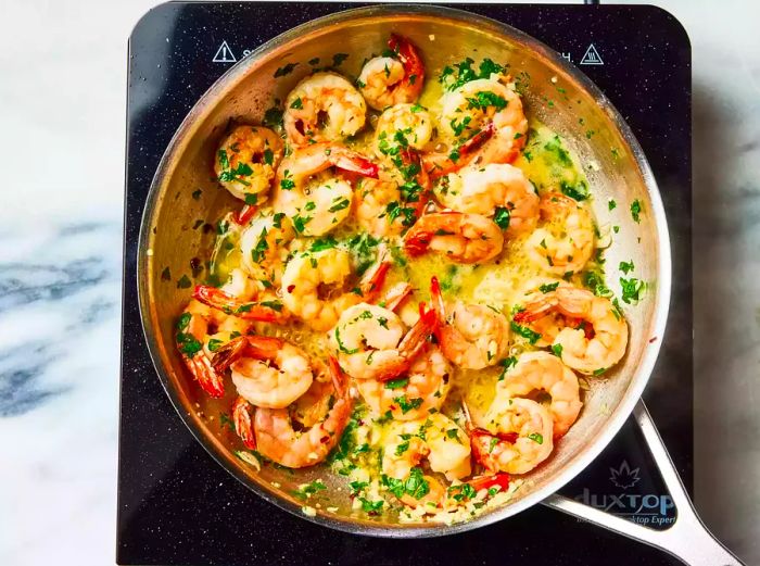 Garlic Shrimp Sizzling in a Skillet