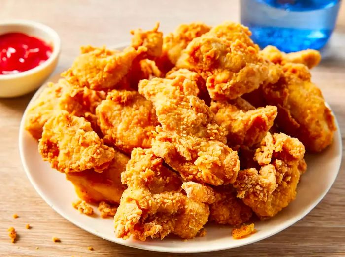 A plate stacked with crispy chicken nuggets, accompanied by a side of ketchup.