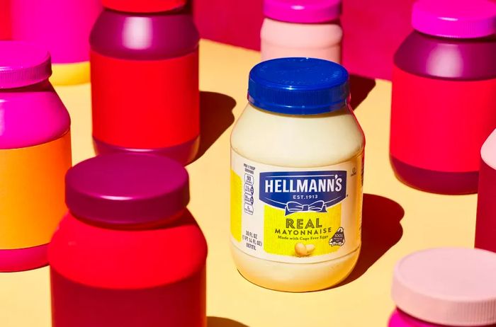 A collection of mayonnaise jars, with Hellmann's prominently in the center