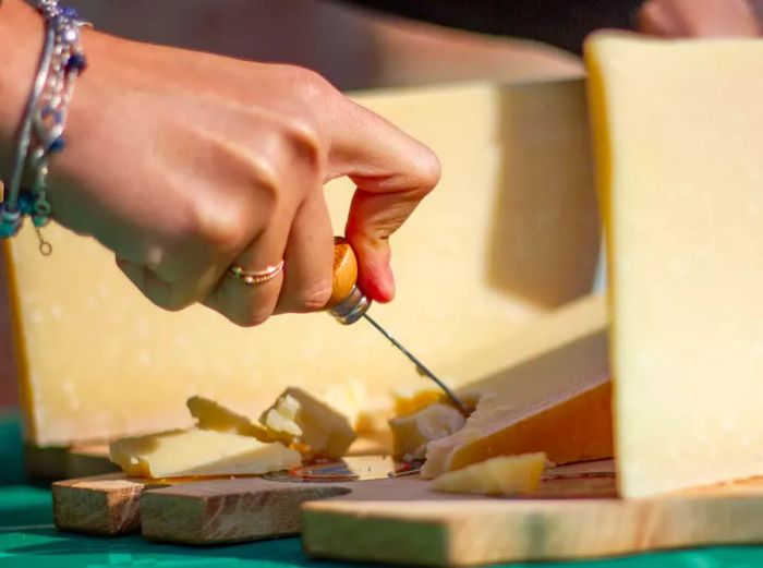 A hand using a cheese knife to break a chunk off a wedge of Parmigiano Reggiano.