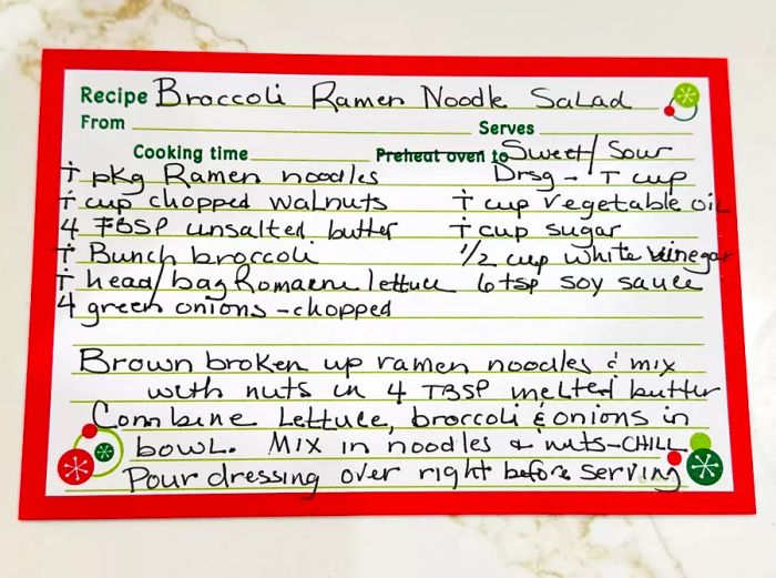 Broccoli ramen noodle salad recipe card.