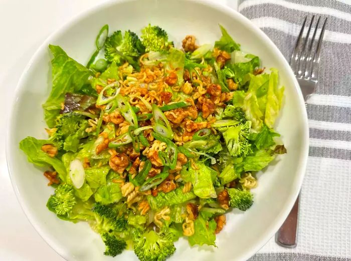 Overhead shot of broccoli ramen salad.