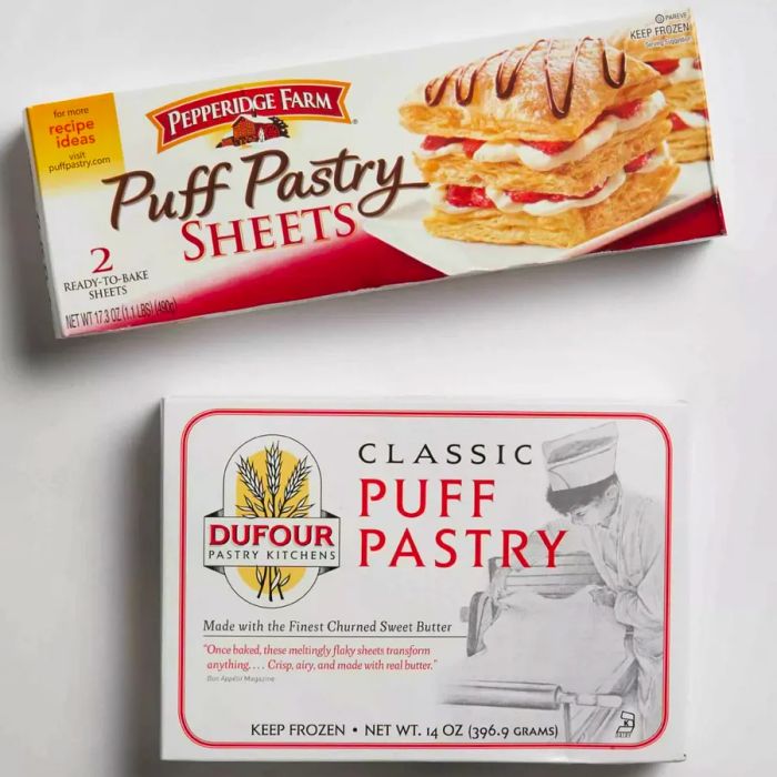 Two different packages of frozen puff pastry sheets