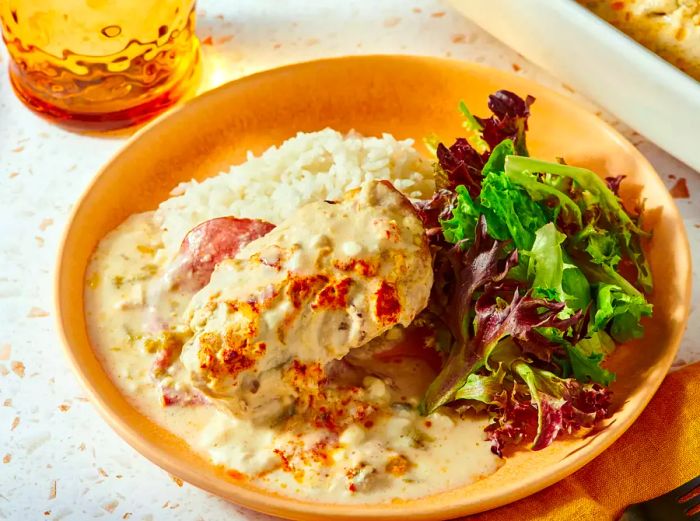 A serving of Nana's 'ugly' chicken casserole, served with rice and a side of mixed greens.