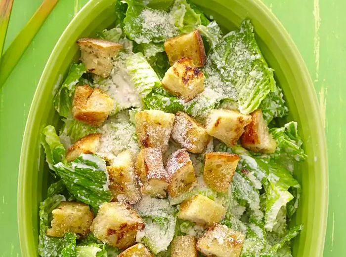 Close-up of a Caesar salad