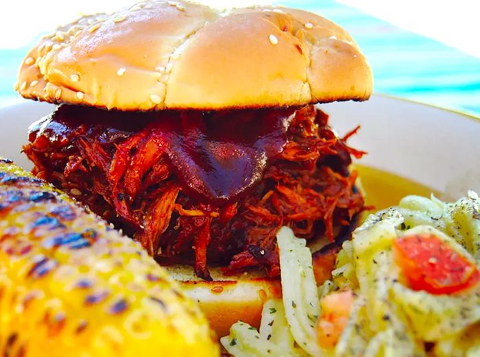 Slow Cooker Texas Pulled Pork Sandwich with Grilled Corn and Slaw