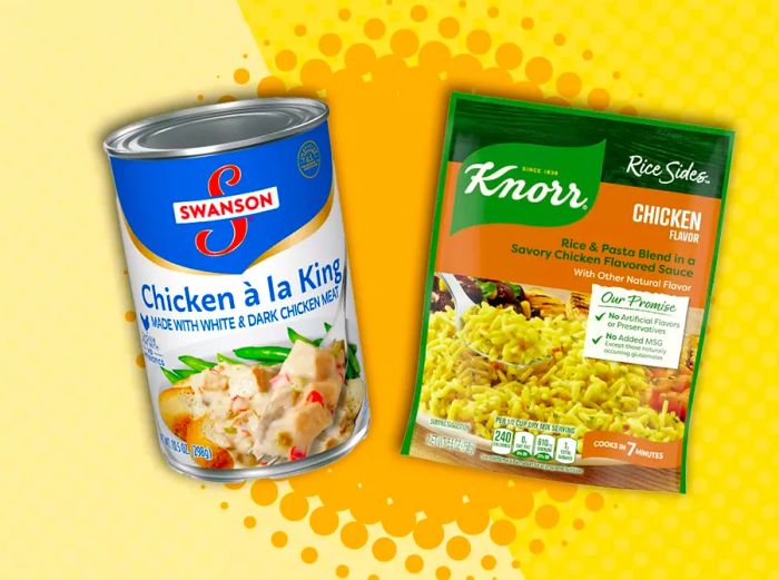 A can of Swanson Chicken à la King soup sitting next to a packet of Knorr Chicken Flavor Rice Side, set against a warm yellow and orange backdrop.