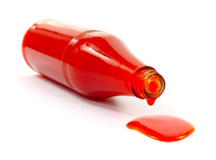 A bottle of hot sauce tipped on its side, spilling onto a white surface.