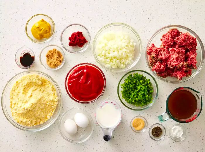 Ingredients for Sloppy Joe Cornbread Casserole arranged in glass bowls