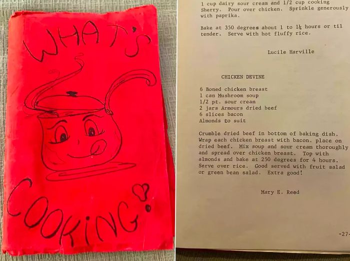 A side-by-side view of a church cookbook featuring a typewritten recipe.