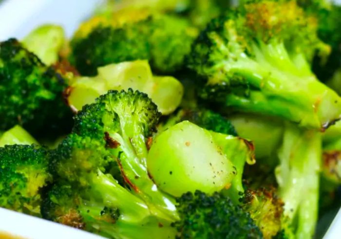 Close-up of crispy roasted broccoli florets