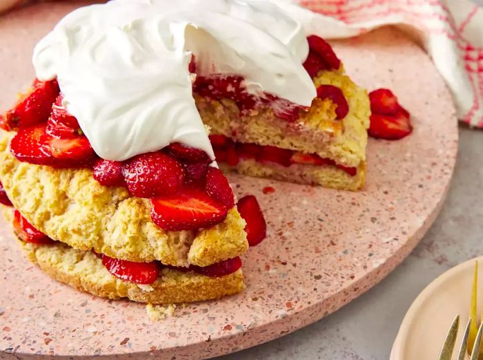 A high-angle view of a strawberry shortcake with a slice missing, revealing the layers inside.