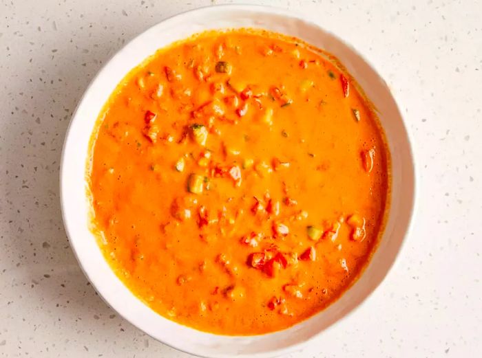 An overhead shot of Chef John's Gazpacho in a white bowl