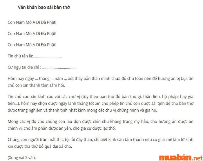 Mẫu bài văn khấn xin phép bao sái bàn thờ